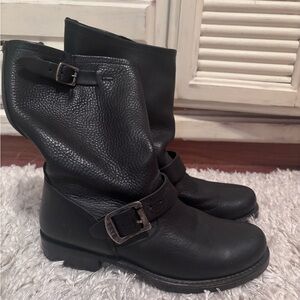 Frye Black Leather Buckle Mid-Calf Moto Boots